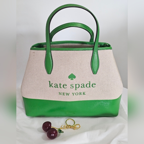 Kate Spade Green Canvas Logo Satchel Crossbody Strap Cherry Charm - Picture 14 of 16